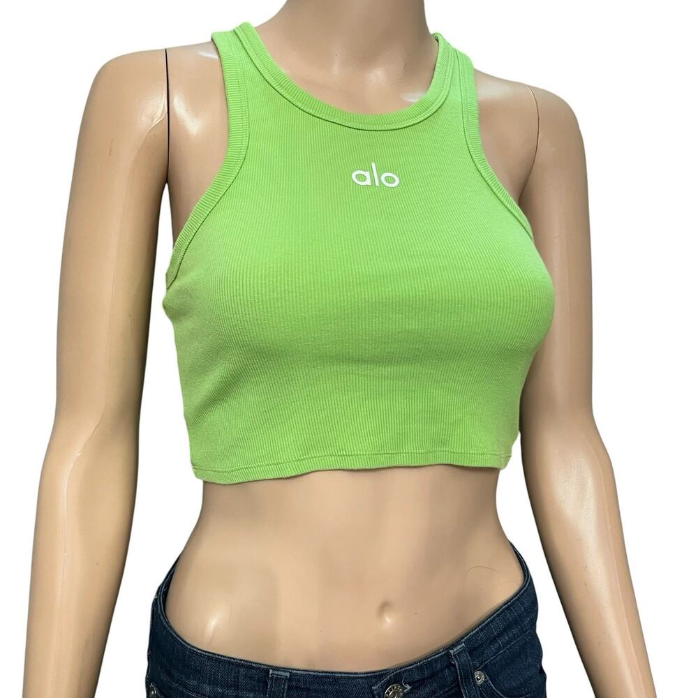 Alo Yoga Aspire Tank XS Green Apple Cropped Ribbed Logo Racerback Athletic